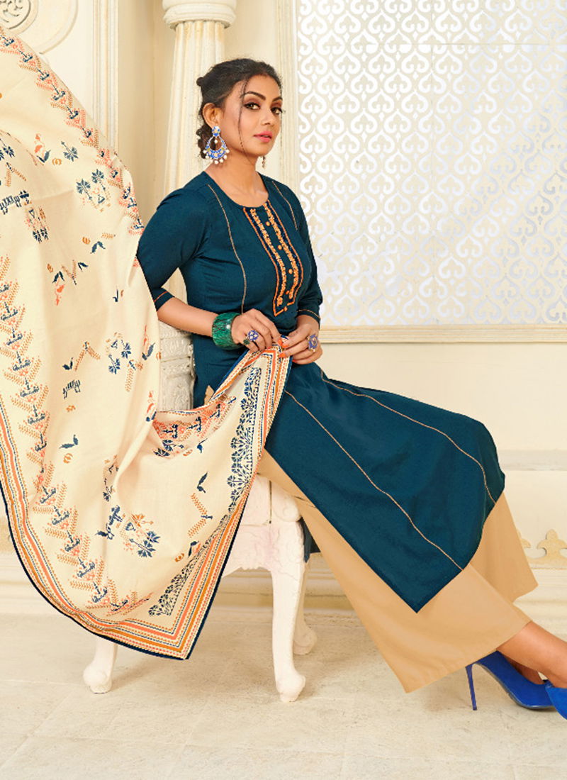 Silicon Cotton Flax Designer embroidered Kurti Rayon Palazzo With Muslin Digital Print Fancy Dupatta Collection 1001-1008